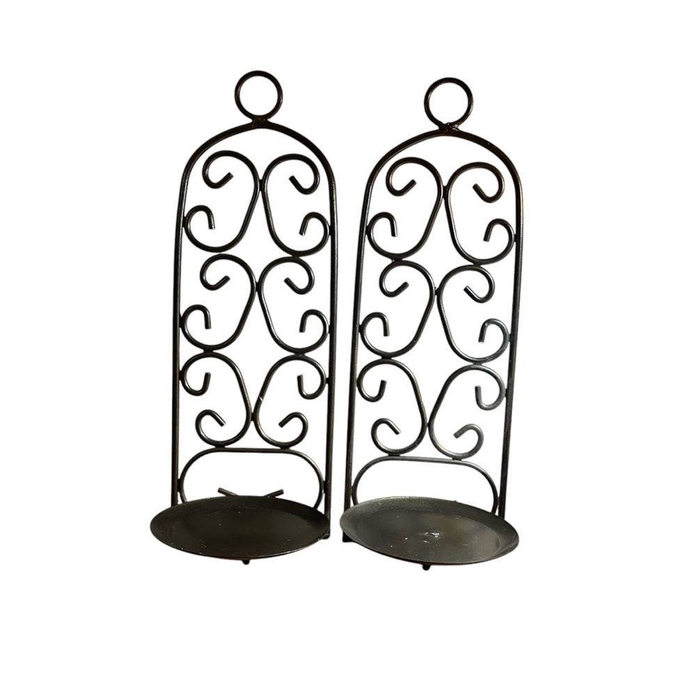 Elegant Black Metal Wrought Iron Wall Sconces Candle Holders Set of 2